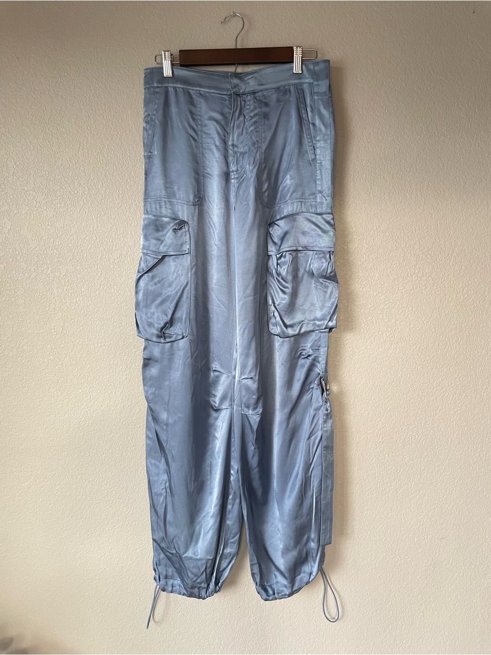 Zara Satin Cargo Pants Light Blue 100% Viscose Drawstring Hem Jogger NWT S